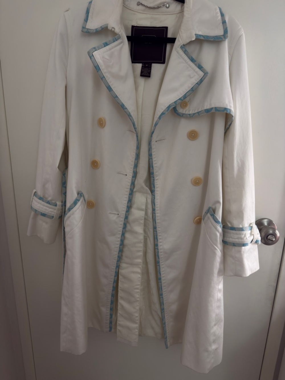 Coach Cream Trench Coat with Light Blue Trim